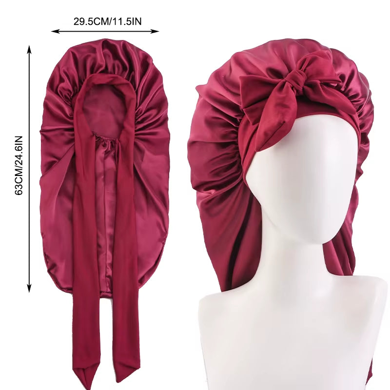 Long Satin Sleep Bonnet for Women – Silky Hair Cap with Stretchy Tie Band for Braids, Curly  & Straight Hair