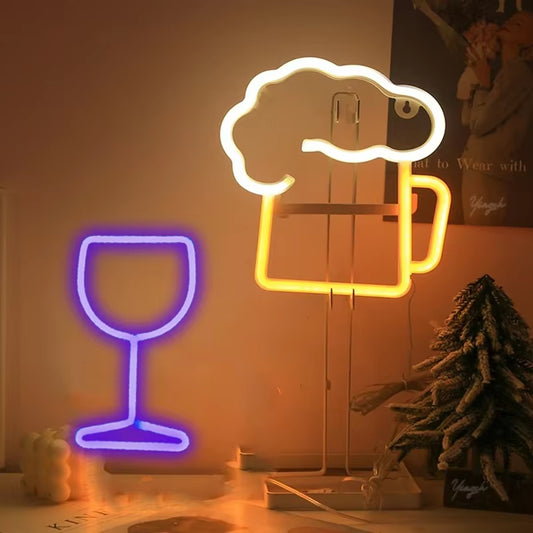 Wine Glass, Beer Mug Neon LED Light Sign – Fun Bar & Party Wall Decor for Weddings, Birthdays, and Gifts