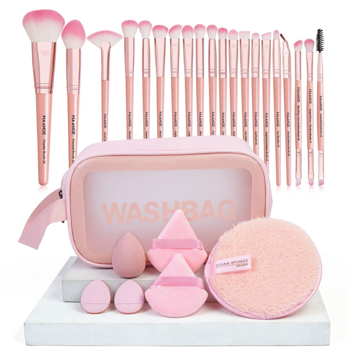 27Pcs Professional Makeup Brush & Puff Set – Foundation, Contour & Blush Brushes with Triangle Powder Puff, Remover Pads & Travel Bag