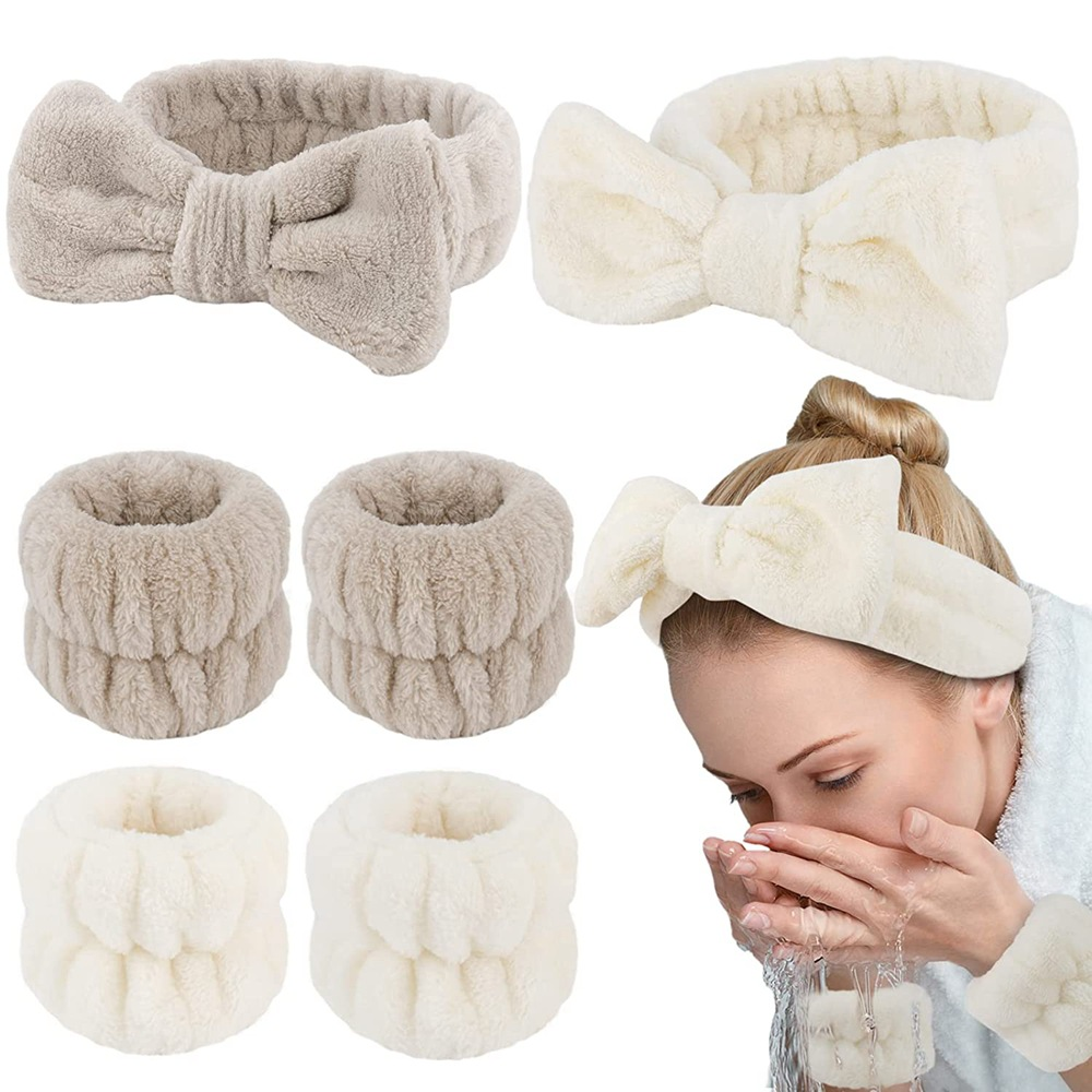 Fluffy Spa Headband & Wristband Set – 3pcs for Face Washing & Makeup, Soft, Absorbent & Stylish