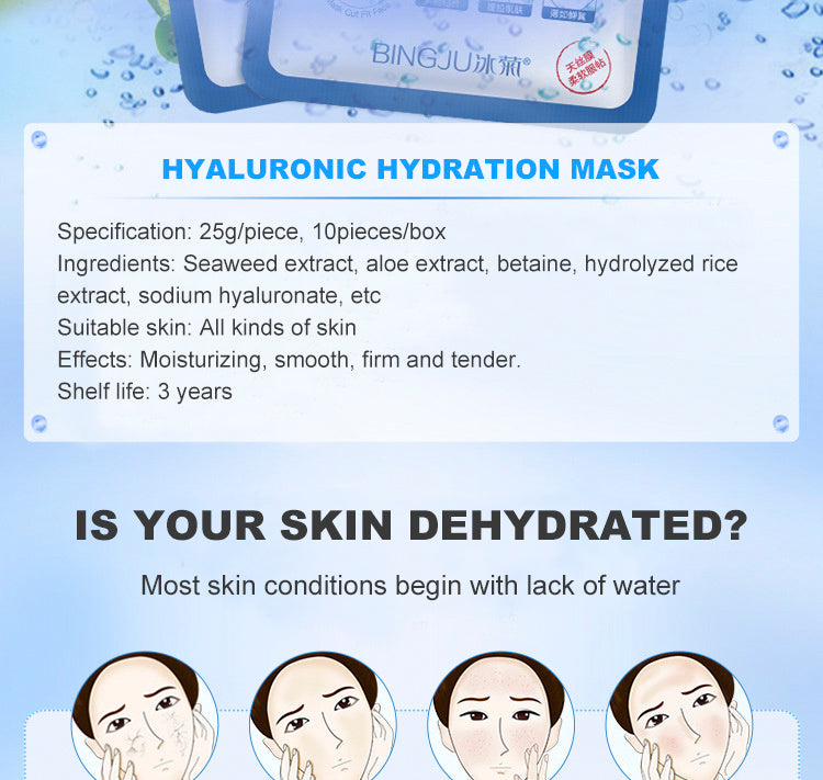 10 Pieces Hyaluronic Acid Facial Mask Sheet Pores Moisturizing Oil-Control Anti-Aging Replenishment Whitening Face Care