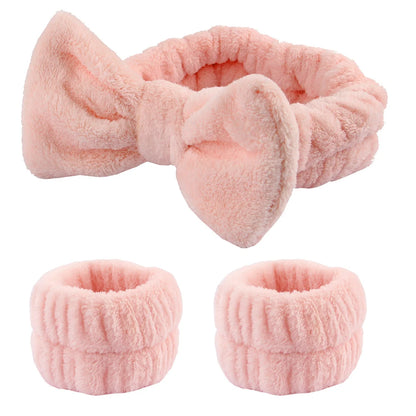 Fluffy Spa Headband & Wristband Set – 3pcs for Face Washing & Makeup, Soft, Absorbent & Stylish