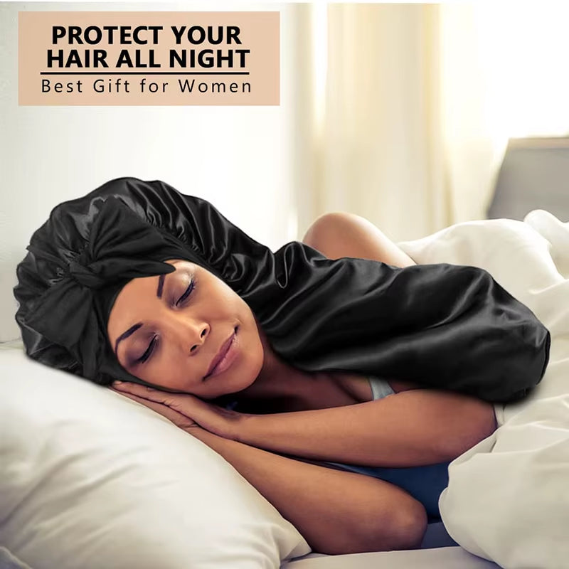 Long Satin Sleep Bonnet for Women – Silky Hair Cap with Stretchy Tie Band for Braids, Curly  & Straight Hair