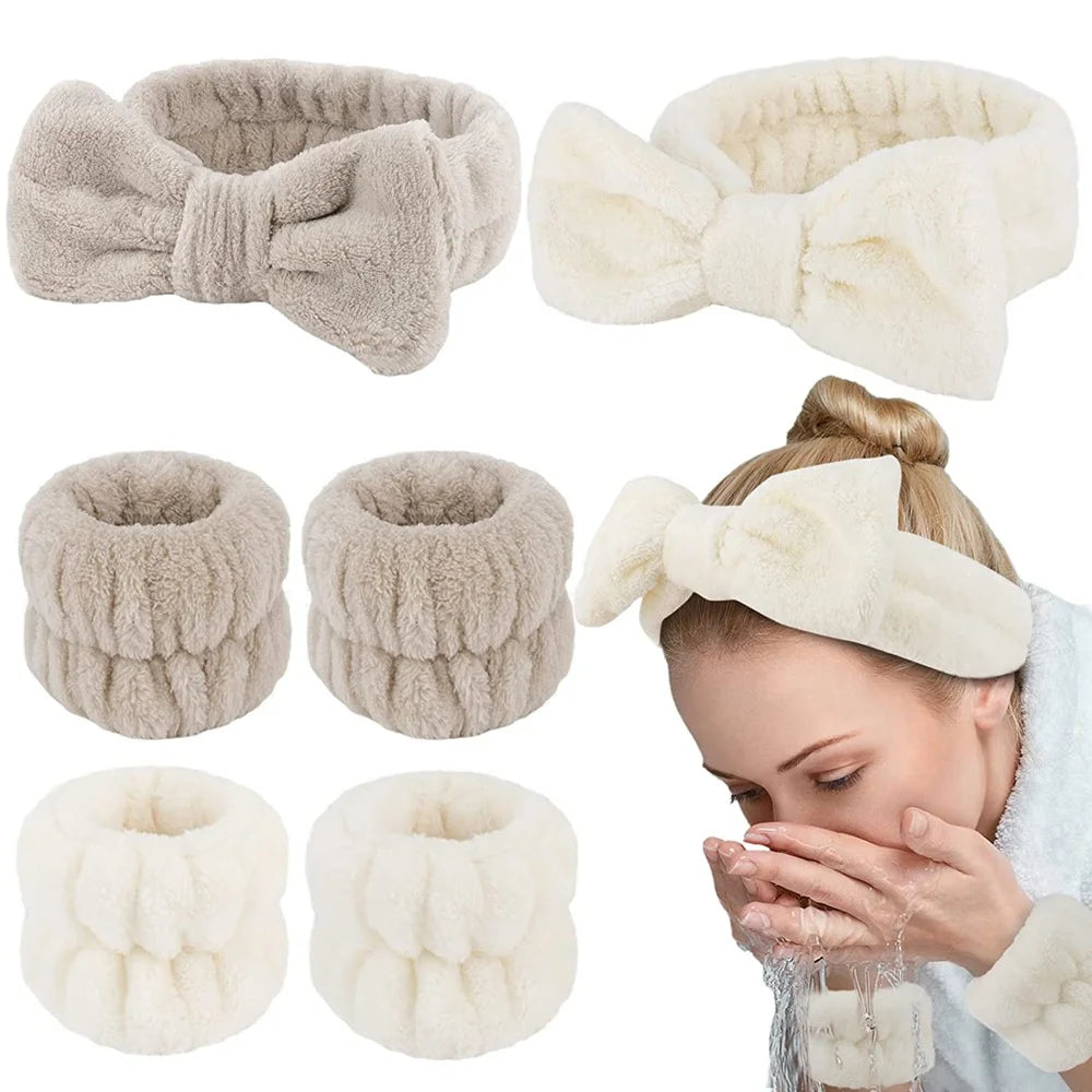 Fluffy Spa Headband & Wristband Set – 3pcs for Face Washing & Makeup, Soft, Absorbent & Stylish
