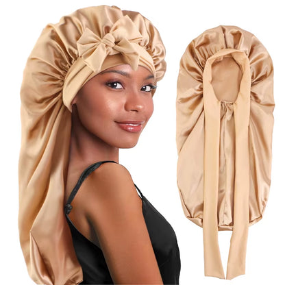Long Satin Sleep Bonnet for Women – Silky Hair Cap with Stretchy Tie Band for Braids, Curly  & Straight Hair