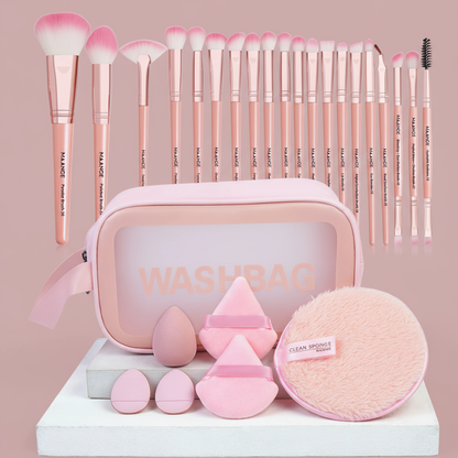 27Pcs Professional Makeup Brush & Puff Set – Foundation, Contour & Blush Brushes with Triangle Powder Puff, Remover Pads & Travel Bag