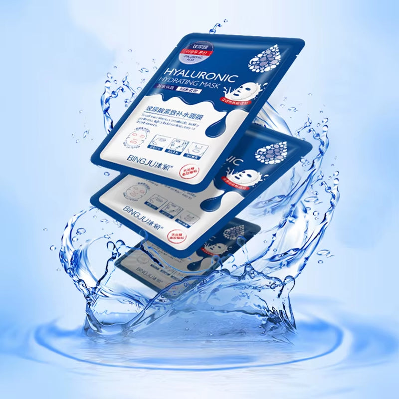 10 Pieces Hyaluronic Acid Facial Mask Sheet Pores Moisturizing Oil-Control Anti-Aging Replenishment Whitening Face Care