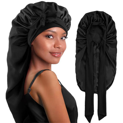 Long Satin Sleep Bonnet for Women – Silky Hair Cap with Stretchy Tie Band for Braids, Curly  & Straight Hair