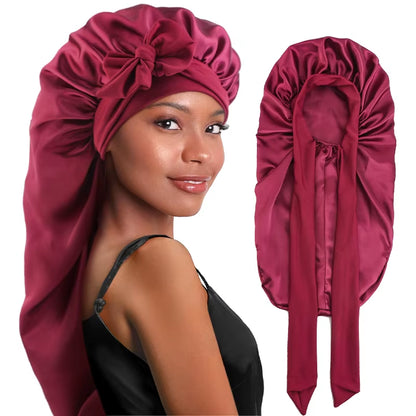 Long Satin Sleep Bonnet for Women – Silky Hair Cap with Stretchy Tie Band for Braids, Curly  & Straight Hair