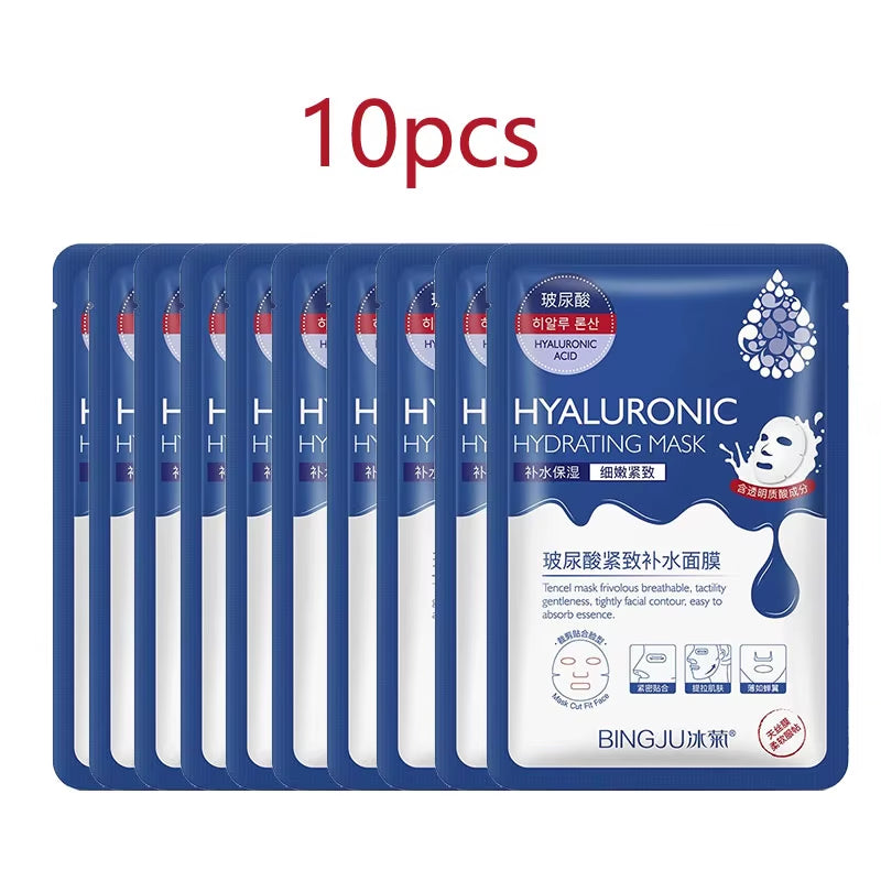 10 Pieces Hyaluronic Acid Facial Mask Sheet Pores Moisturizing Oil-Control Anti-Aging Replenishment Whitening Face Care