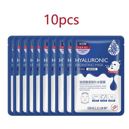 10 Pieces Hyaluronic Acid Facial Mask Sheet Pores Moisturizing Oil-Control Anti-Aging Replenishment Whitening Face Care