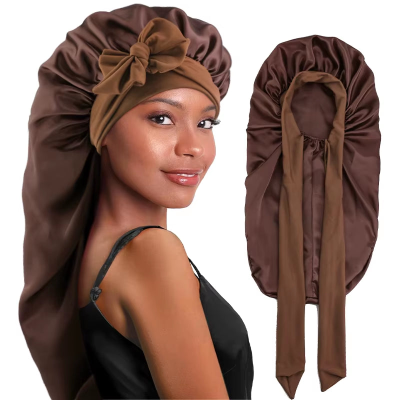 Long Satin Sleep Bonnet for Women – Silky Hair Cap with Stretchy Tie Band for Braids, Curly  & Straight Hair