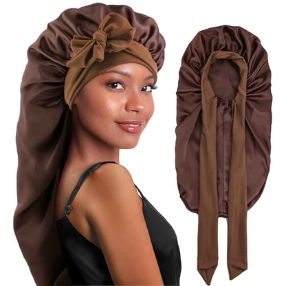 Long Satin Sleep Bonnet for Women – Silky Hair Cap with Stretchy Tie Band for Braids, Curly  & Straight Hair