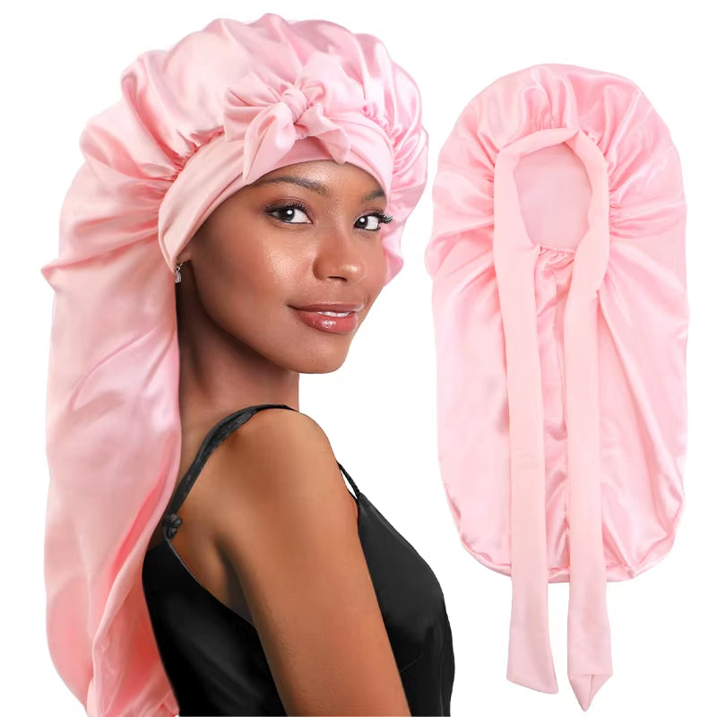 Long Satin Sleep Bonnet for Women – Silky Hair Cap with Stretchy Tie Band for Braids, Curly  & Straight Hair