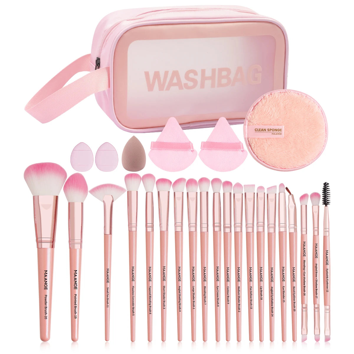 27Pcs Professional Makeup Brush & Puff Set – Foundation, Contour & Blush Brushes with Triangle Powder Puff, Remover Pads & Travel Bag