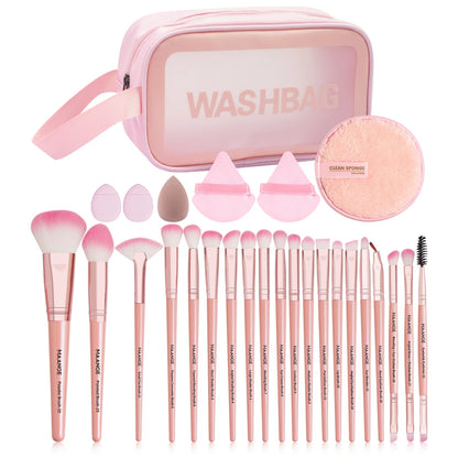 27Pcs Professional Makeup Brush & Puff Set – Foundation, Contour & Blush Brushes with Triangle Powder Puff, Remover Pads & Travel Bag