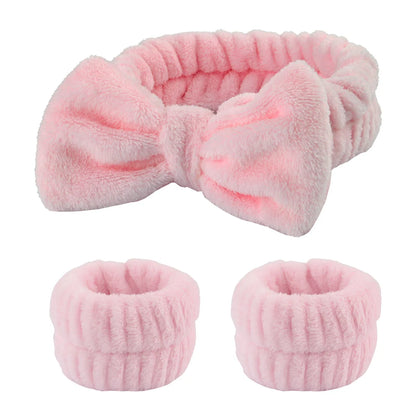 Fluffy Spa Headband & Wristband Set – 3pcs for Face Washing & Makeup, Soft, Absorbent & Stylish