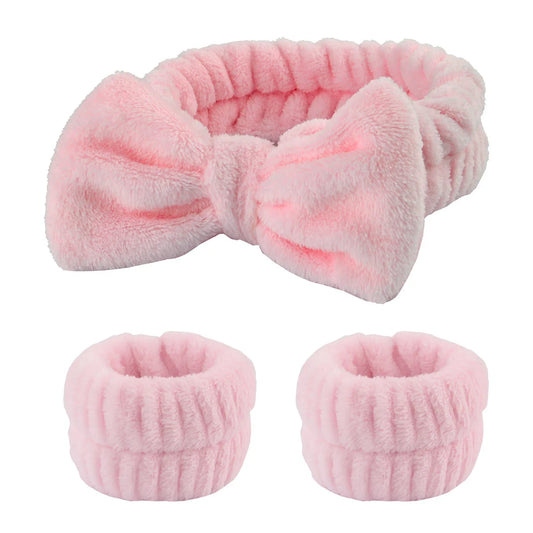 Fluffy Spa Headband & Wristband Set – 3pcs for Face Washing & Makeup, Soft, Absorbent & Stylish