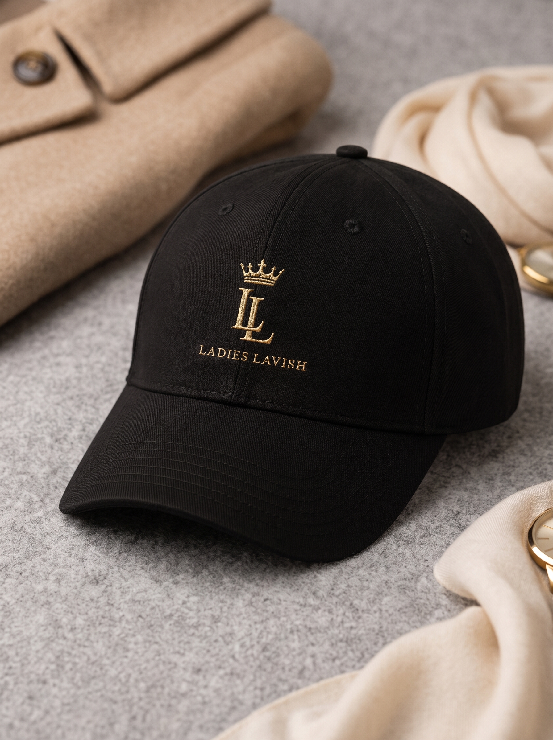 Black structured Crown Cap with restrained champagne-gold embroidery