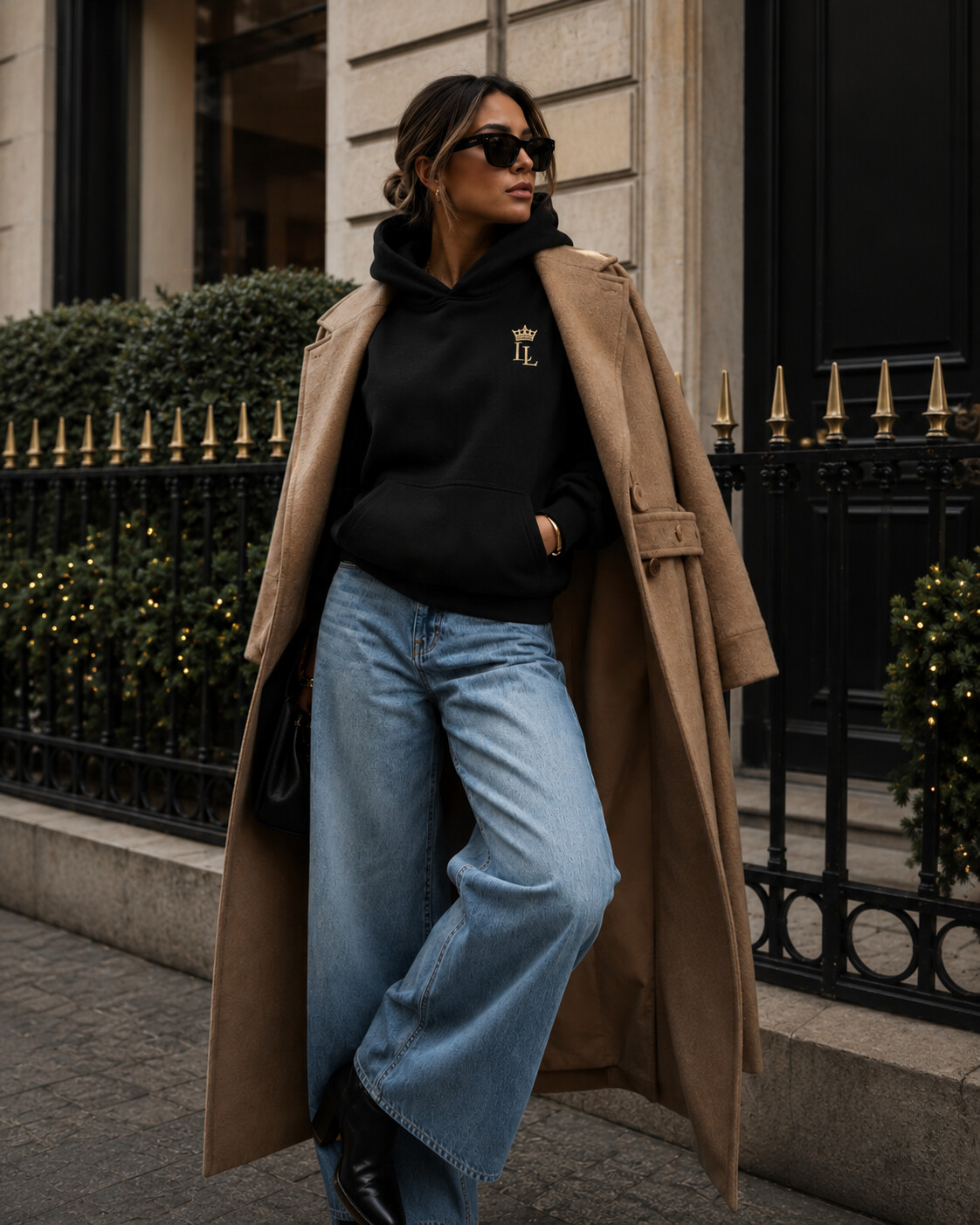 Black heavyweight Ladies Lavish hoodie styled with camel tailoring